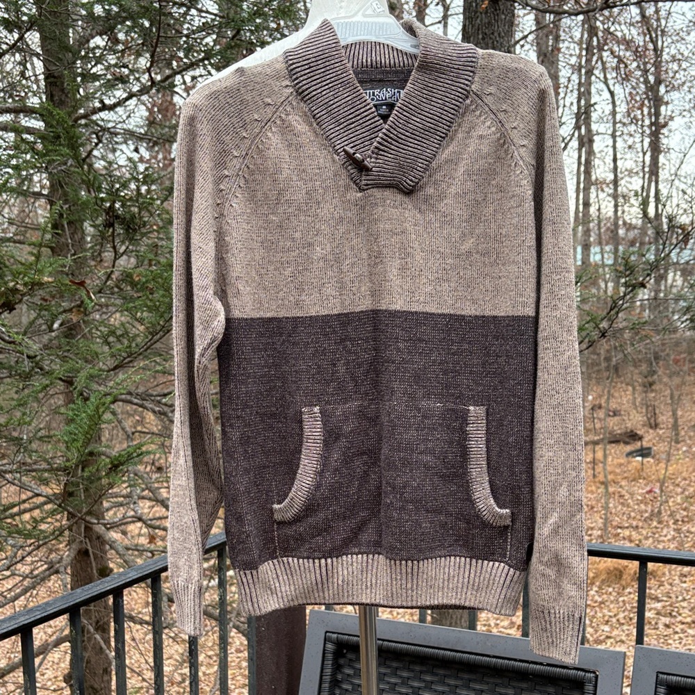 Trash Nouveau Men's V-Neck Brown Sweater, pockets, toggle button sz. M